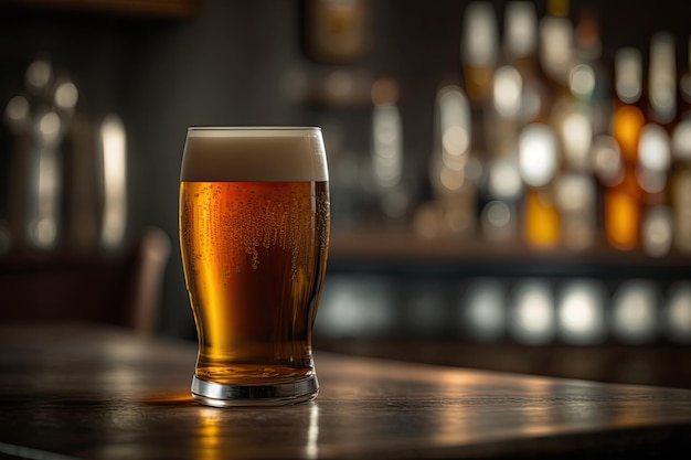 Bicchiere di birra al bar con copia spazio Ai generativo