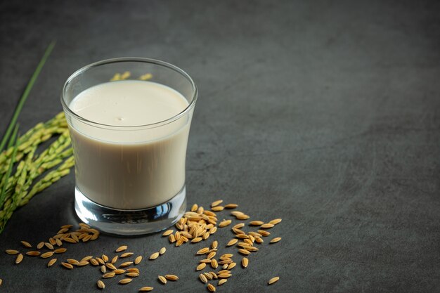 Bicchiere di latte di riso con pianta di riso e semi di riso messo sul pavimento scuro