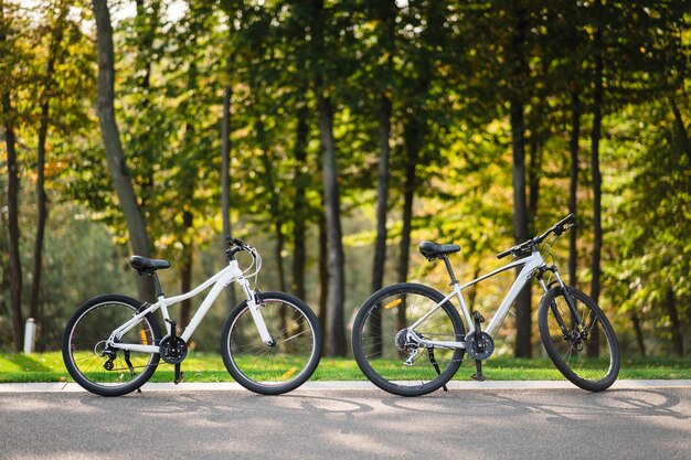 Bicicletta bianca in piedi nel parco. Mattina fitness, solitudine.