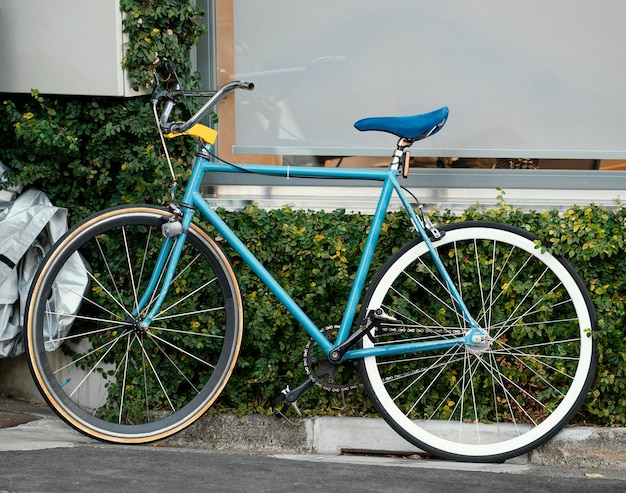 Bicicletta blu vintage all'aperto