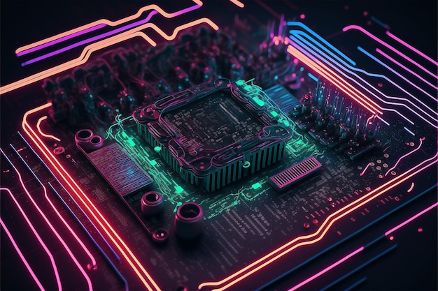 Big data tecnologia cyberspazio scheda madre microchip circuito computer processore luce al neon