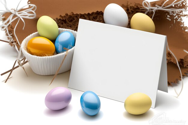 Biglietto di auguri di Pasqua con uova colorate su sfondo bianco