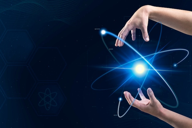 Biotecnologia atomica medicina nucleare con remix di trasformazione digitale delle mani dello scienziato