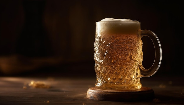 Birra schiumosa in vetro dorato su tavola rustica generata da AI