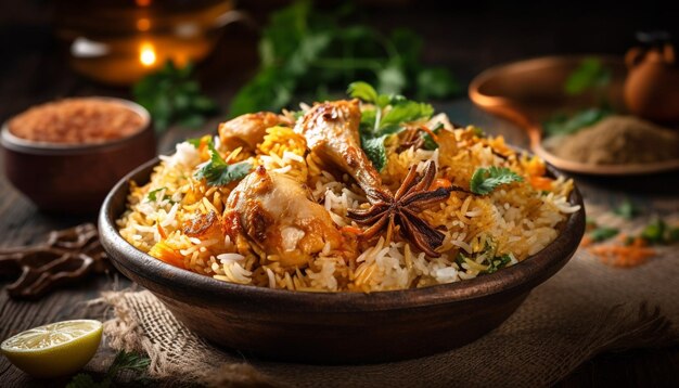 Biryani di pollo gourmet con riso basmati al vapore generato dall'intelligenza artificiale