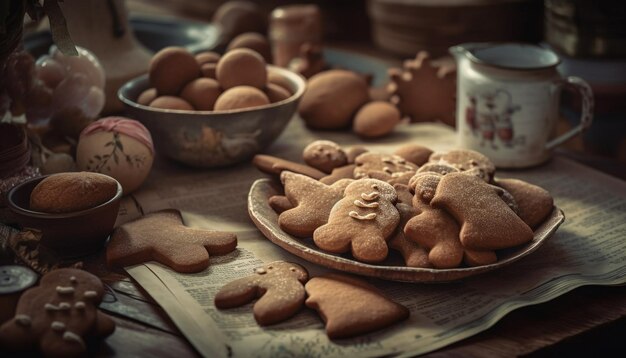 Biscotti di pan di zenzero fatti in casa su tavola di legno rustica generata da AI