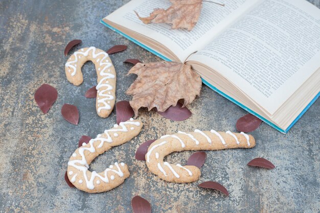 Biscotti di panpepato e libro aperto con foglie sulla superficie in marmo. Foto di alta qualità