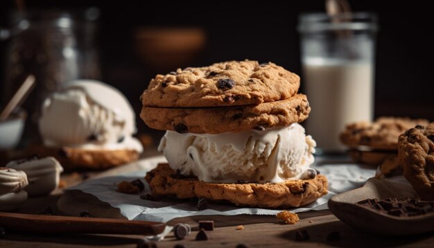 Biscotto con scaglie di cioccolato fatto in casa su tavolo in legno rustico generato dall'intelligenza artificiale