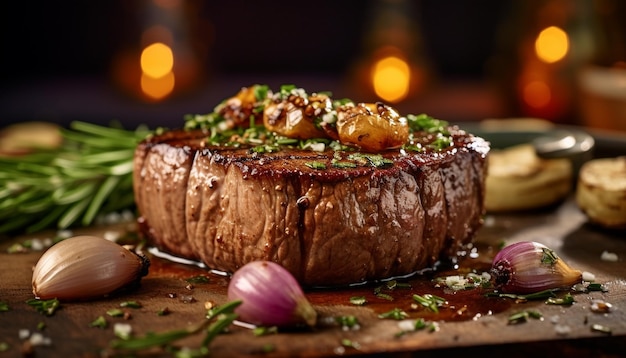 bistecca alla griglia fresca e tenera pronta da mangiare su un piatto rustico generato dall'intelligenza artificiale