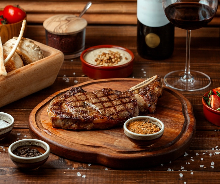 Foto gratuito bistecca di manzo fritta su tavola di legno