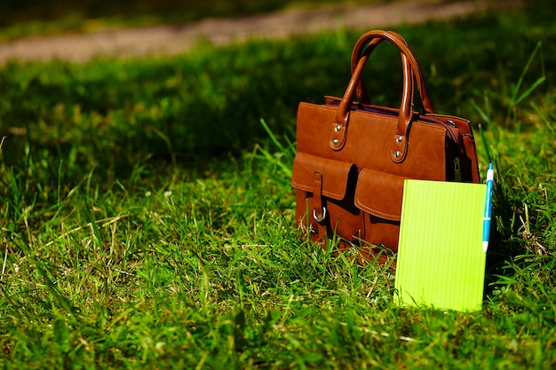 Borsa e taccuino di cuoio retro marrone dell'uomo nell'erba variopinta luminosa di estate nel parco