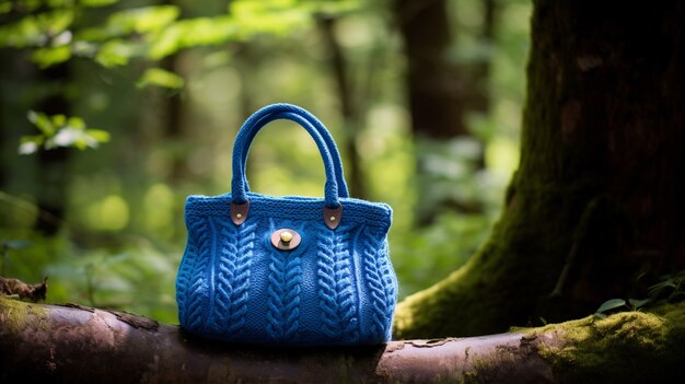 Borsa lavorata a maglia seduta sul terreno della foresta