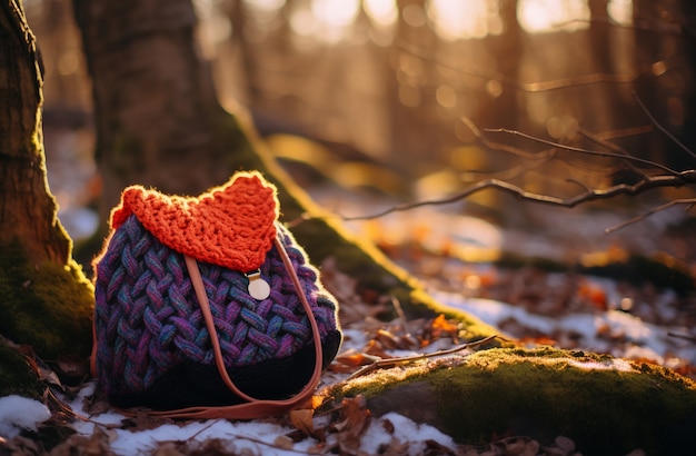 Borsa lavorata a maglia seduta sul terreno della foresta