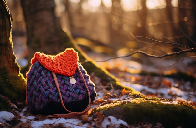 Borsa lavorata a maglia seduta sul terreno della foresta