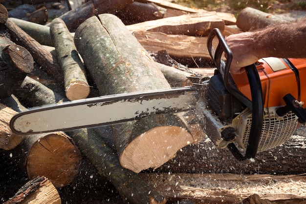 Boscaiolo che taglia il legno con la motosega