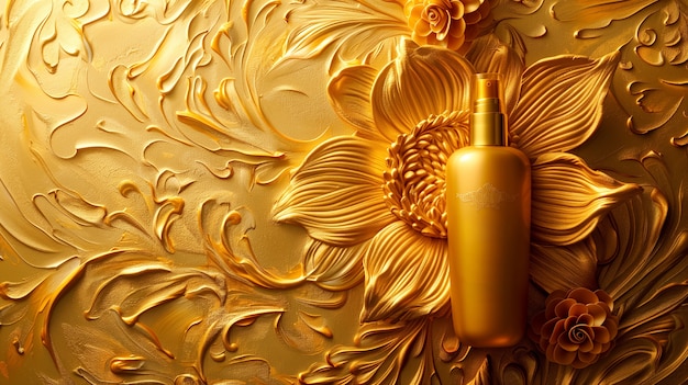 Bottiglia cosmetica con sfondo in rilievo solare di lusso ispirato all'art nouveau