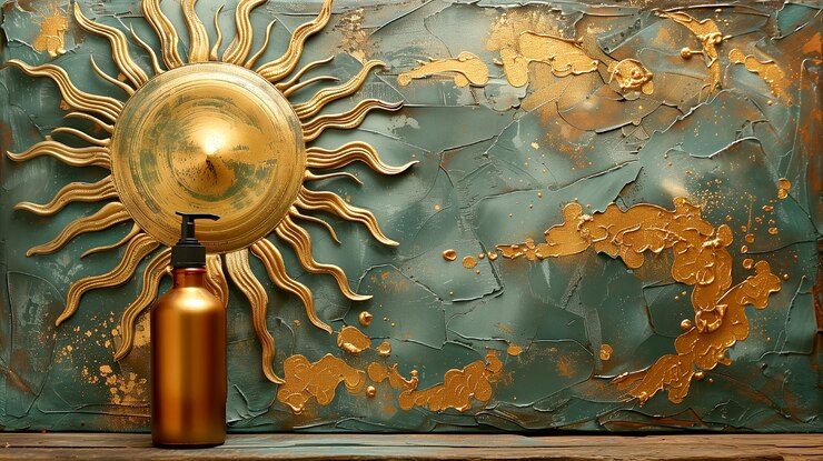 Foto gratuito bottiglia cosmetica con sfondo in rilievo solare di lusso ispirato all'art nouveau