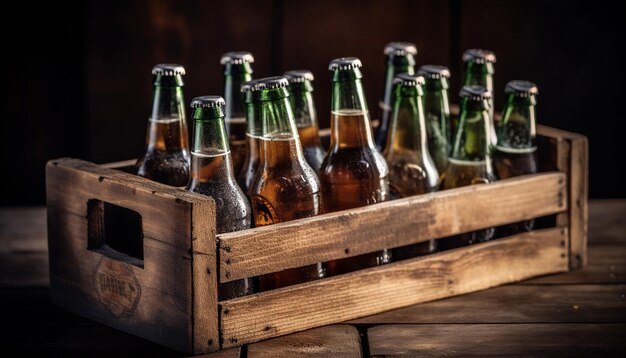 Bottiglia di birra schiumosa su tavola di legno rustica generata da AI