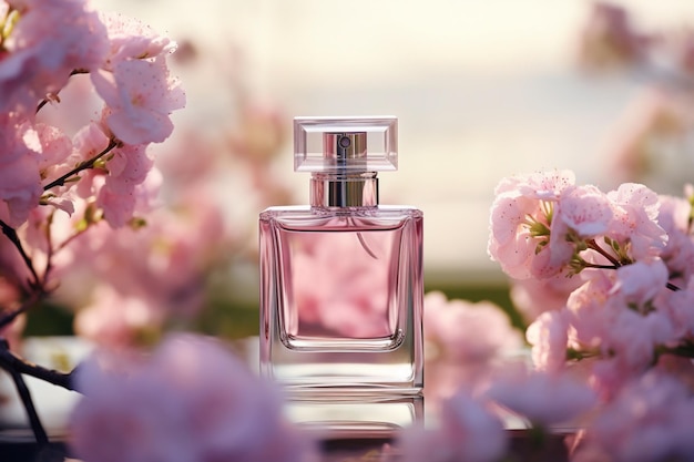 Bottiglia di profumo trasparente rose fiori fragranze