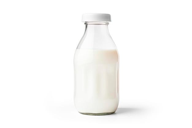bottiglia di vetro con latte isolato su sfondo bianco