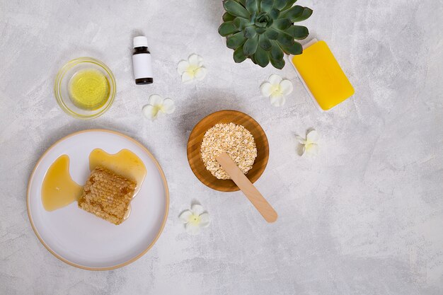 Bottiglie di olio essenziale; avena; pianta di cactus; sapone giallo e nido d&#39;ape su sfondo concreto