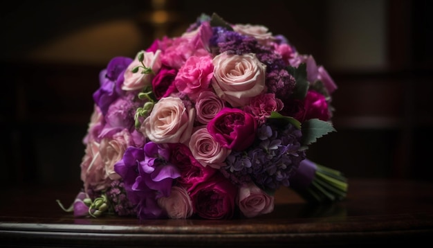 Bouquet romantico di fiori viola freschi in vaso generato da AI
