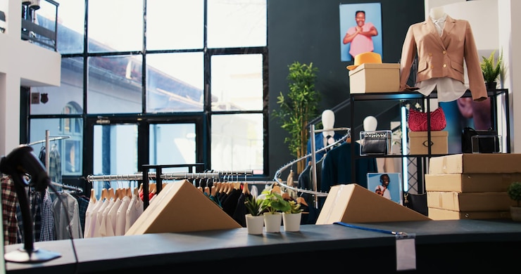 Foto gratuito boutique moderna vuota piena di vestiti alla moda, negozio al dettaglio con merce alla moda su appendiabiti e scaffali. negozio di abbigliamento dotato di accessori alla moda nel centro commerciale. concetto di moda