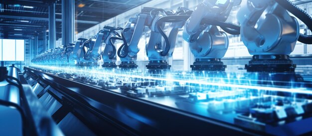 bracci robotici industriali intelligenti che dimostrano processi di produzione automatizzati indicativi di Industry 40 e tecnologia software IoT