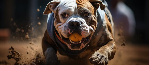 bulldog inglese che gioca con una palla nella sabbia da vicino