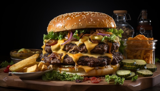 Burger alla griglia con pomodoro al formaggio e cipolla gourmet generato dall'intelligenza artificiale