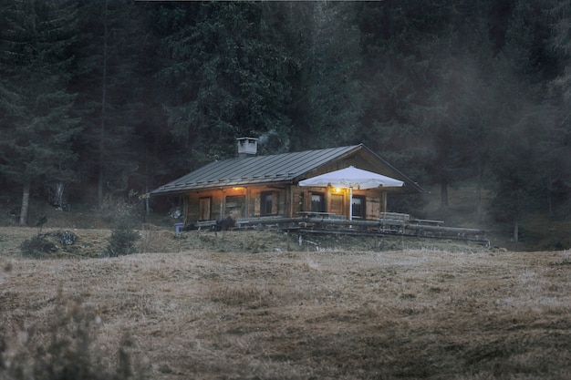 Cabina da un bosco con trama di sovrapposizione di nebbia