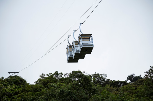 Cabina di funivia vuota tre sopra la foresta pluviale alla Costa Rica