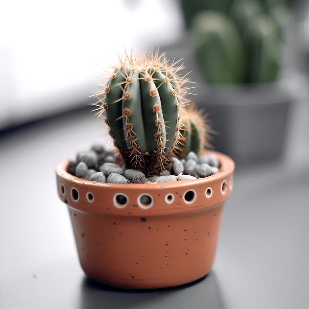 Cactus in vaso sul tavolo Profondità di campo poco profonda