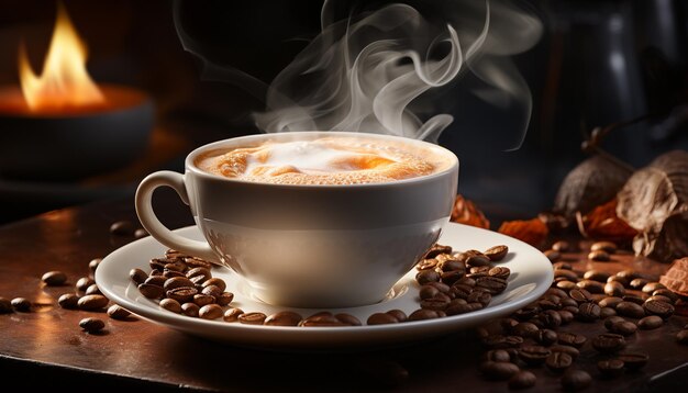 Caffe' caldo al vapore su un tavolo di legno, una dipendenza rinfrescante generata dall'intelligenza artificiale.