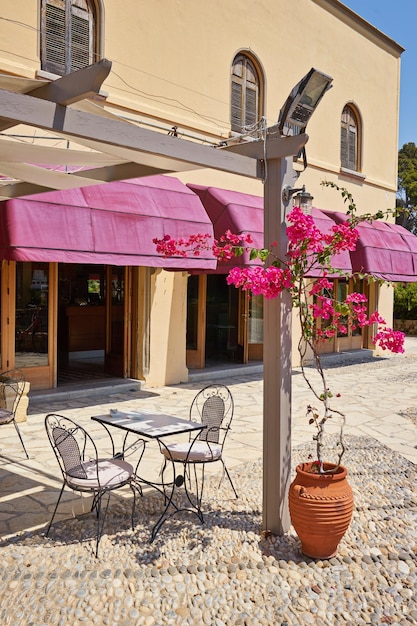 Caffè di strada greco tradizionale con fiori