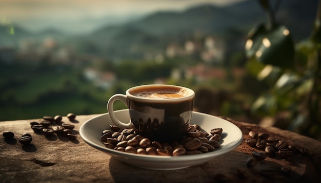 Caffè fresco sul tavolo rustico in natura generato dall'intelligenza artificiale