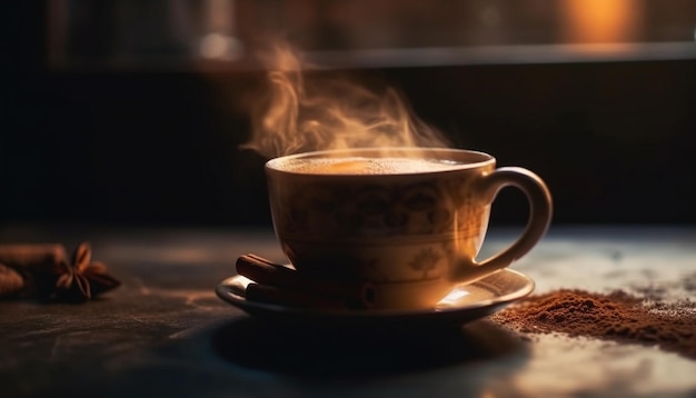 Caffè nero pieno di vapore in una tazza di legno rustica generata dall'intelligenza artificiale