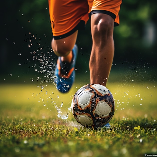 Calciatore maschio con la palla sul campo in erba