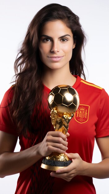 Calciatore spagnolo femminile con il trofeo della Coppa del mondo