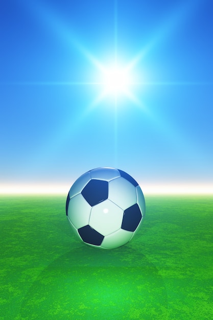 Calcio 3D su pitcch erboso contro il cielo blu soleggiato