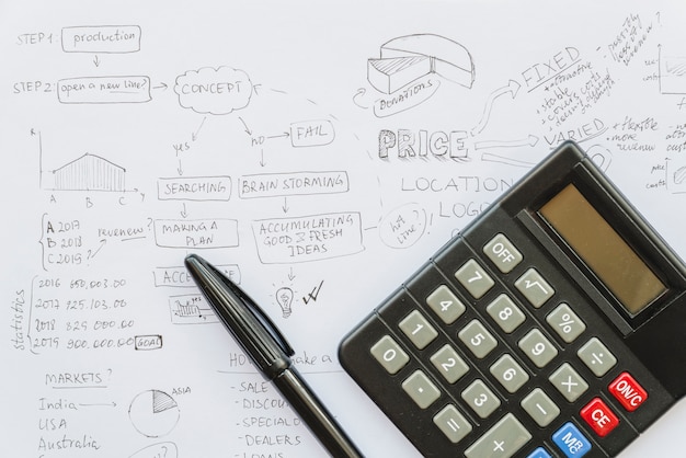 Calcolatrice con penna su carta del piano aziendale