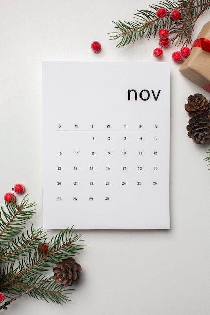 Calendario e rami di novembre piatti