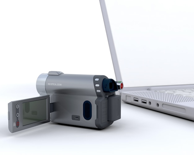 Cam 3D a portata di mano accanto a un computer portatile isolato su bianco