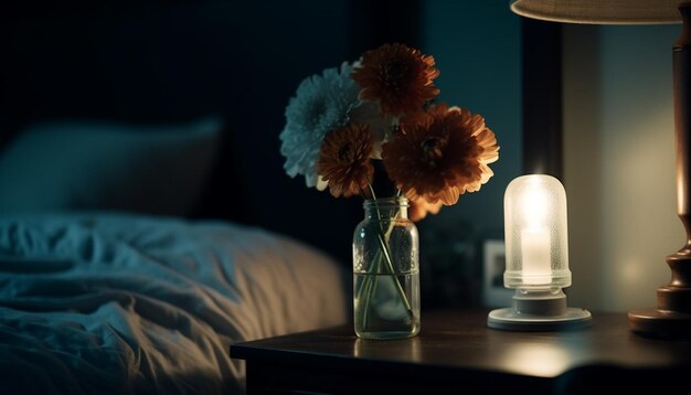 Camera da letto di lusso illuminata da un'elegante lampada elettrica AI generativa