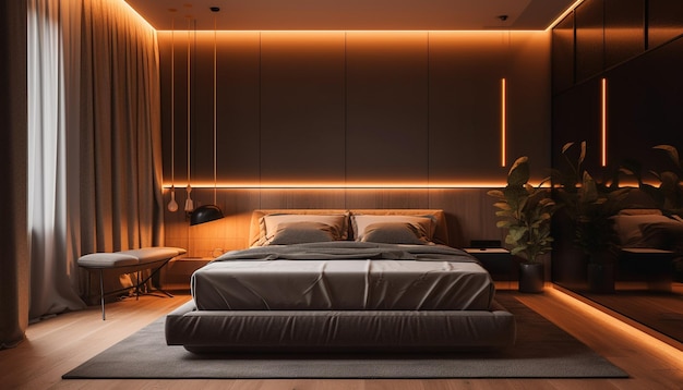 Camera da letto moderna di lusso con comodi letti e illuminazione generata da AI