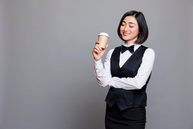 Cameriera asiatica sorridente che indossa l'uniforme professionale che beve caffè dalla tazza di carta. Allegra giovane receptionist in piedi con gli occhi chiusi e godendo di una bevanda calda da portare via