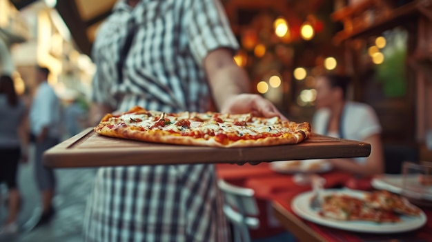 Cameriere che serve pizza su un vassoio di legno ai clienti del ristorante in una vecchia pizzeria su un italiano