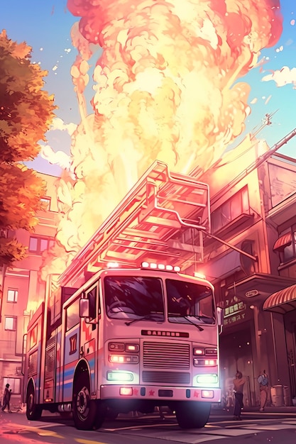 Camion dei vigili del fuoco in stile anime con le fiamme