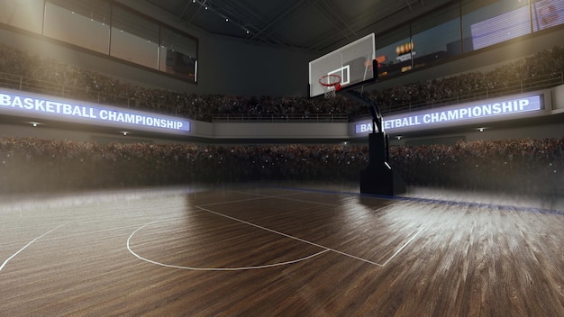 Campo da basket con fan di persone L'arena sportiva rende l'illustrazione 3D