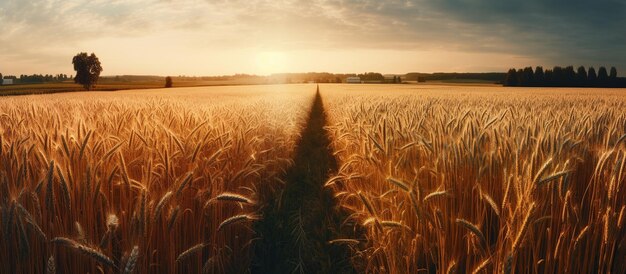 Campo di grano dorato al tramonto AI Immagine generata